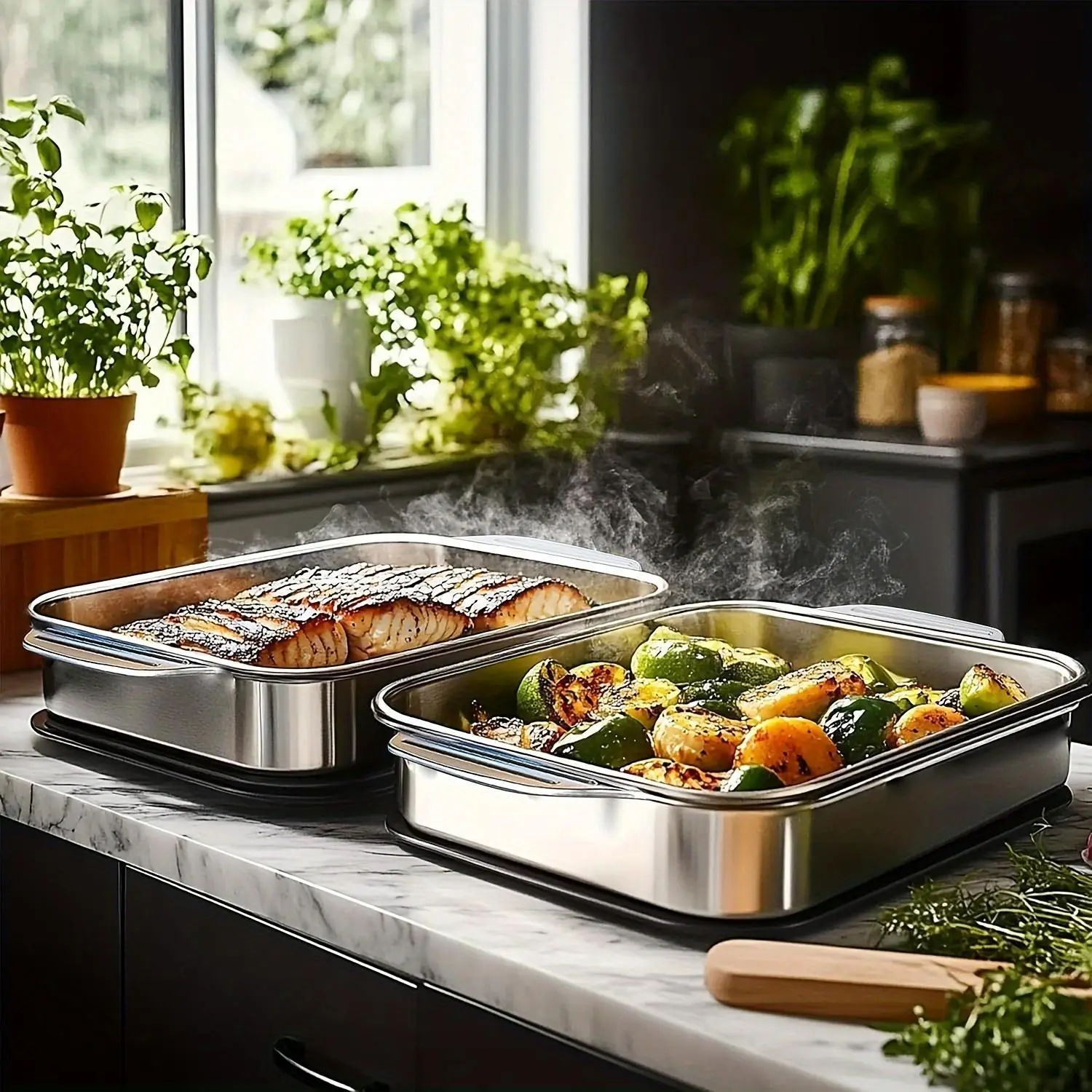 Set of 2/4 Extra Large Stainless Steel BakingPans with Lids -Non-Stick Thick-BottomedRectangular Oven TraysforDesserts Breadand Seafood Perfect for GrillingandBuffetServing Spacious Design Non-StickSurface OvenSafeBaking Pans Mother's DayGift