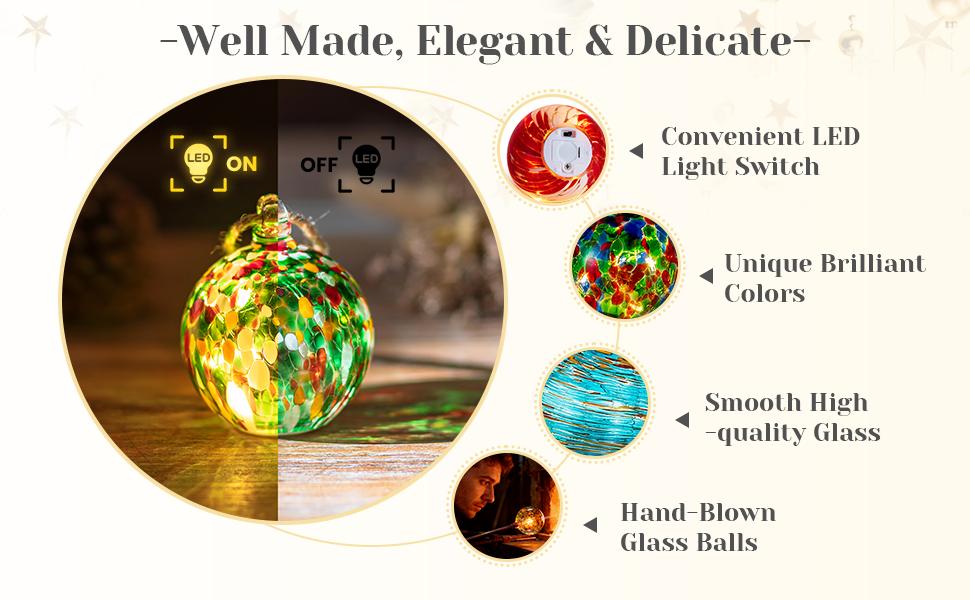 Set of 6 Hand Blown Glass LED Christmas Ornaments Hanging Gazing Ball Witches Ball Christmas Decor for Garden Patio Window Xmas Tree Greenery Addition