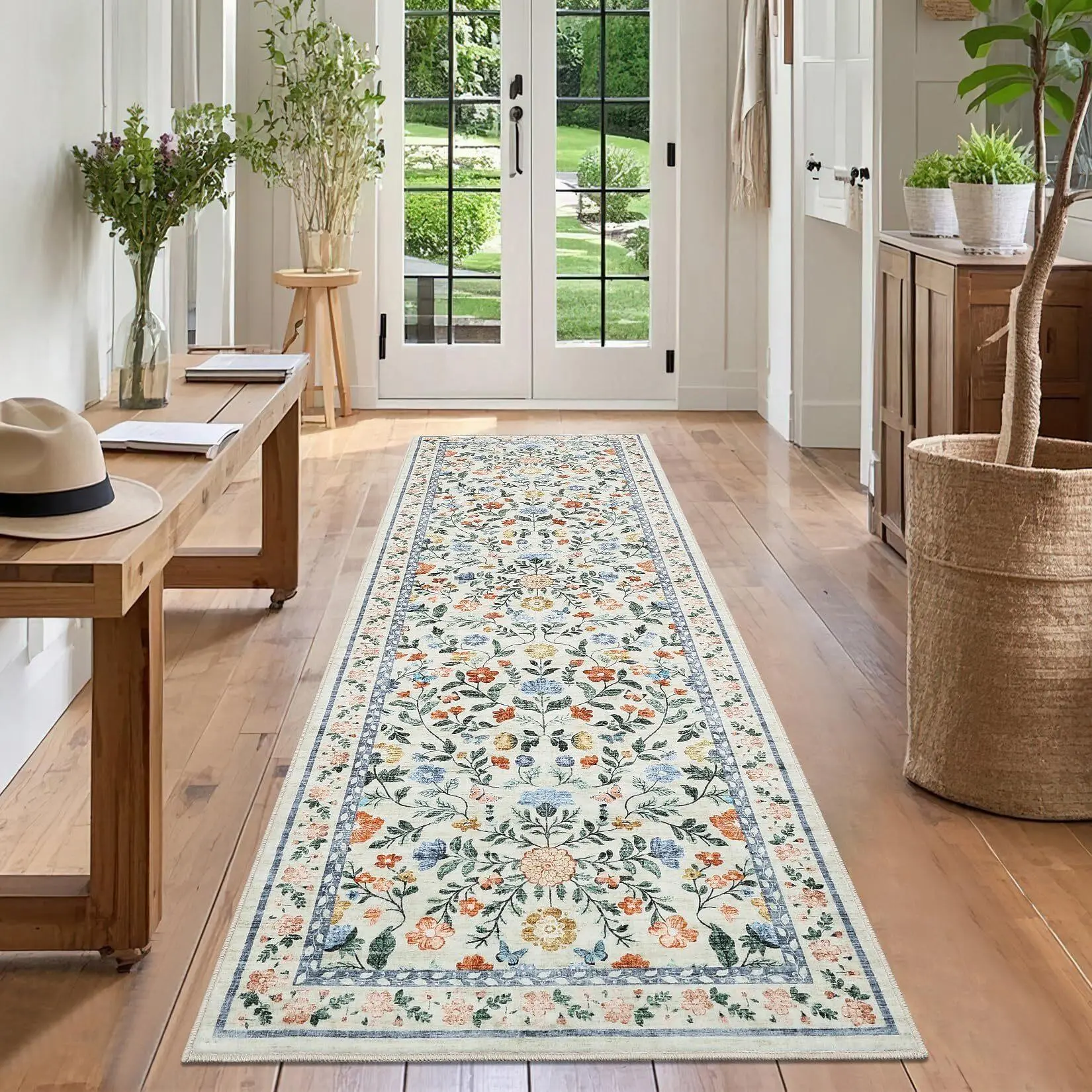 GARVEE Washable Living Room Rug 2x6 Farmhouse Floral Accent Rug with Non-Slip Backing, Stain-Resistant Soft ，for Dining Room, Bedroom, Kids Room, Green