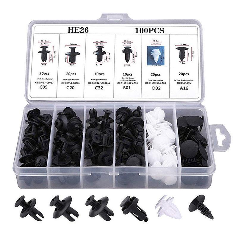 HE26 100PCS Auto Trim Clip & Fastener Master Kit - Includes Retainer Clips, Rivet Tool for Door Panel, Fender, Bumper & Interior Repair