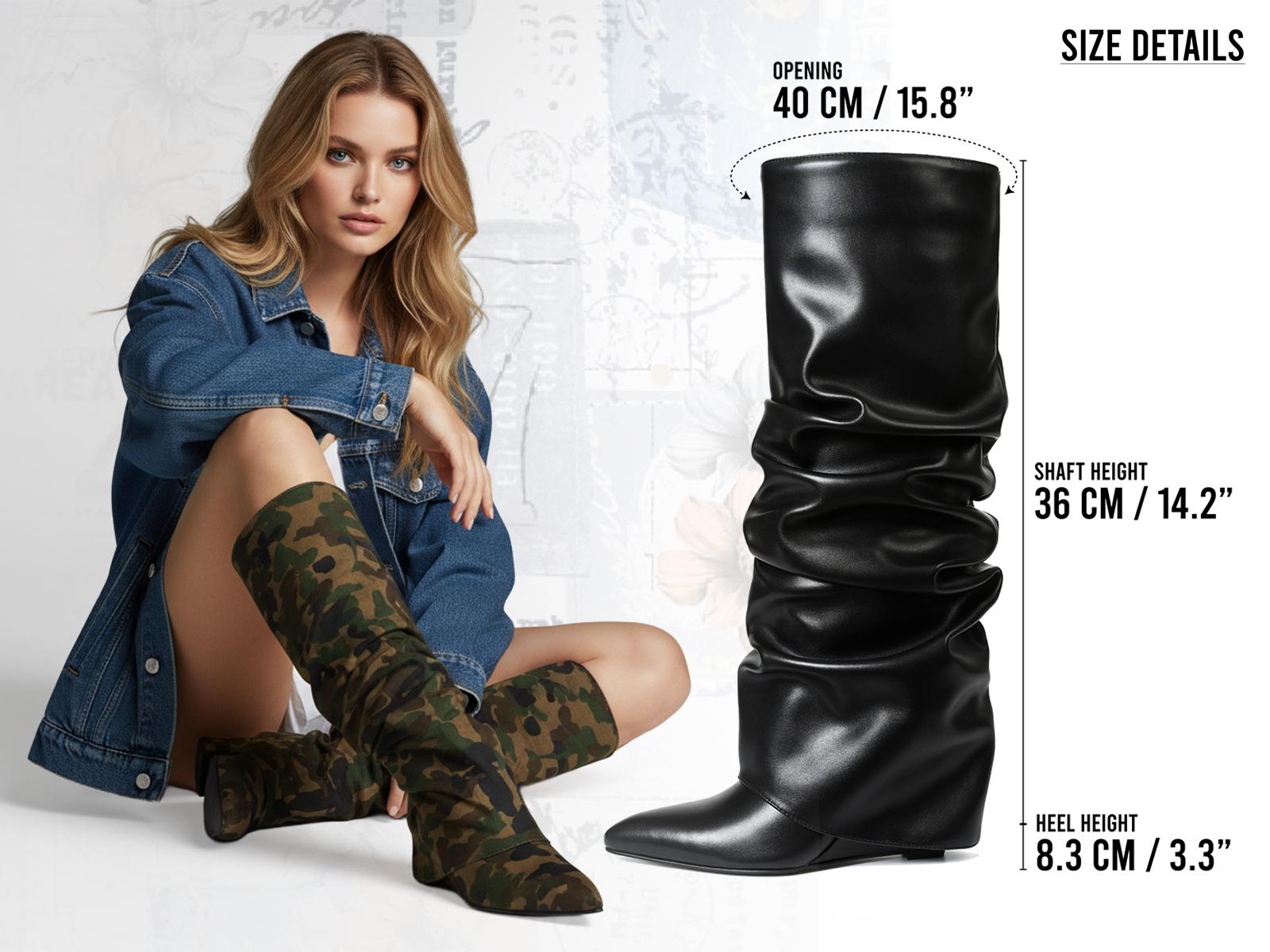 CELNEPHO Womens Slouch Boots Pointed Toe Wedge Heel Fashion Knee High Booties Easy Pull on Formal Wear Date Casual Events Party Dress Shoes