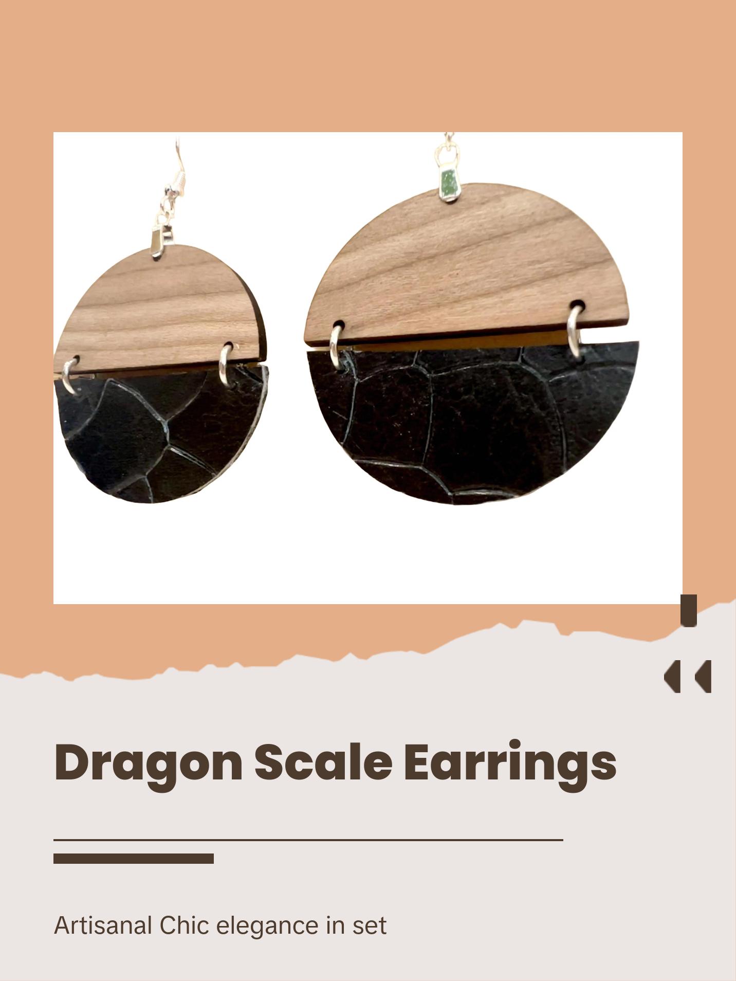 Black Dragon Scale Genuine Leather and Cherry Earrings Silver S925 clamp style hooks
