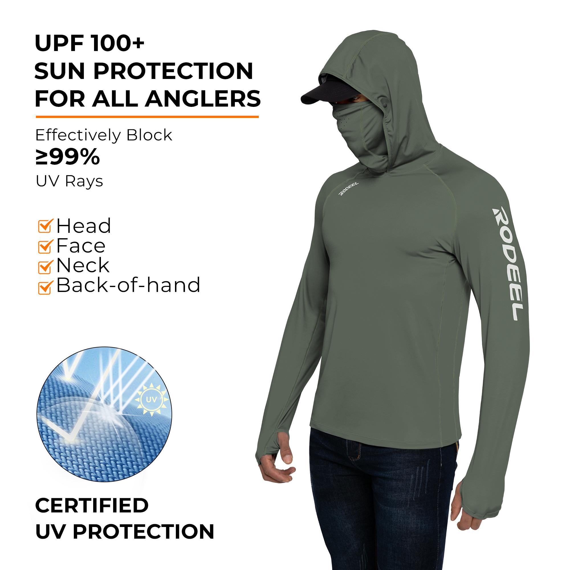 【RODEEL】936 Sun Hoodie Shirts w/ UV Detection Logo Mask Neck Gaiter Thumbhole Men UPF 100+ Sun Protection Long Sleeve Lightweight Quick Dry Moisture Wicking Breathable Cooling Athletic Activewear for Outdoor Sports Fishing Hiking Construction Roofing