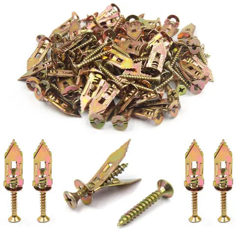 Carbon Steel Self-Drilling Drywall Anchor & Screw Kit (200 Pcs: 100 Drywall Sets, 50 Metal Anchors, 50 Screws) - Ribbed Expand to Grip, No Pre-Drilled Holes, Sturdy Hold for TVs, Secure Shelves/Cabinets Ease, Works on Gypsum Board, Ideal for DIY Users