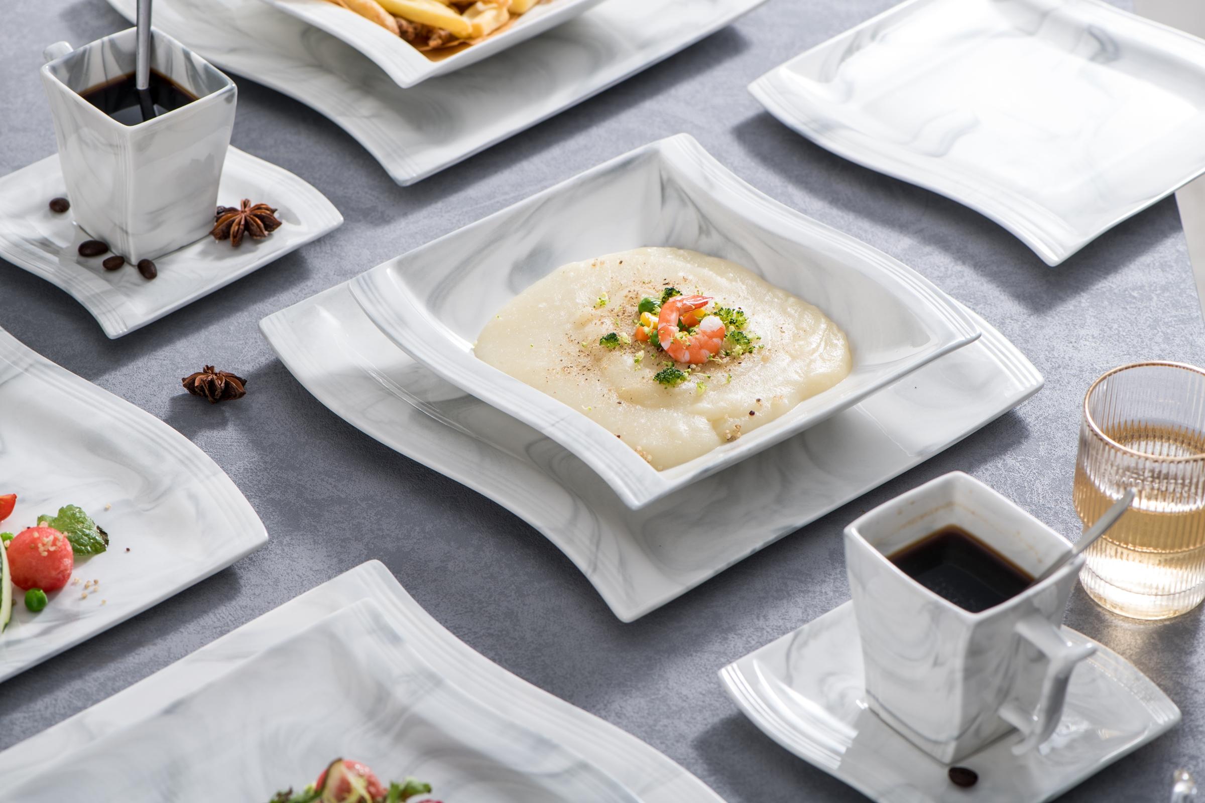 MALACASA Porcelain Dinnerware Set, Unique Wave-like Design Dinner Set, Modern Tableware Sets for 6, Series FLORA Winter Holiday