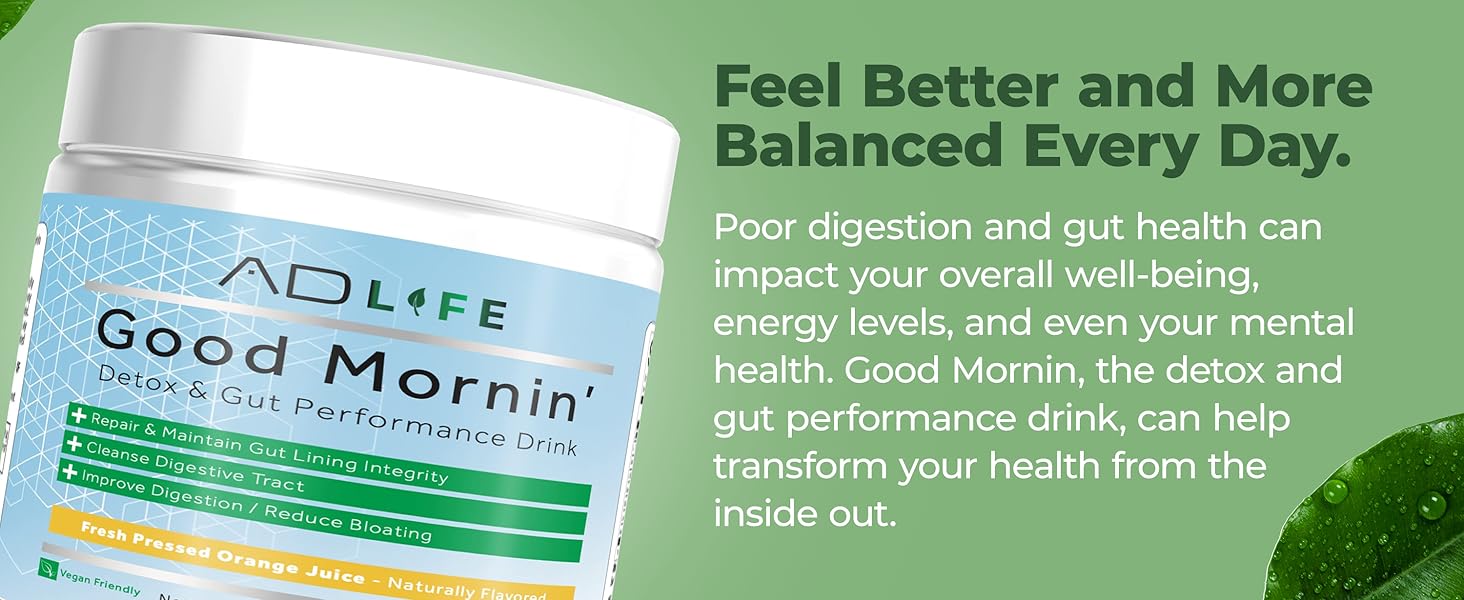 AD LIFE Good Mornin' Gut Detox & Digestion Support Powder with Apple Cider Vinegar L-Glutamine & Aloe Vera for Fast Acting Bloating Relief & Face Debloat - Morning Detox Drink for Reduced Bloating