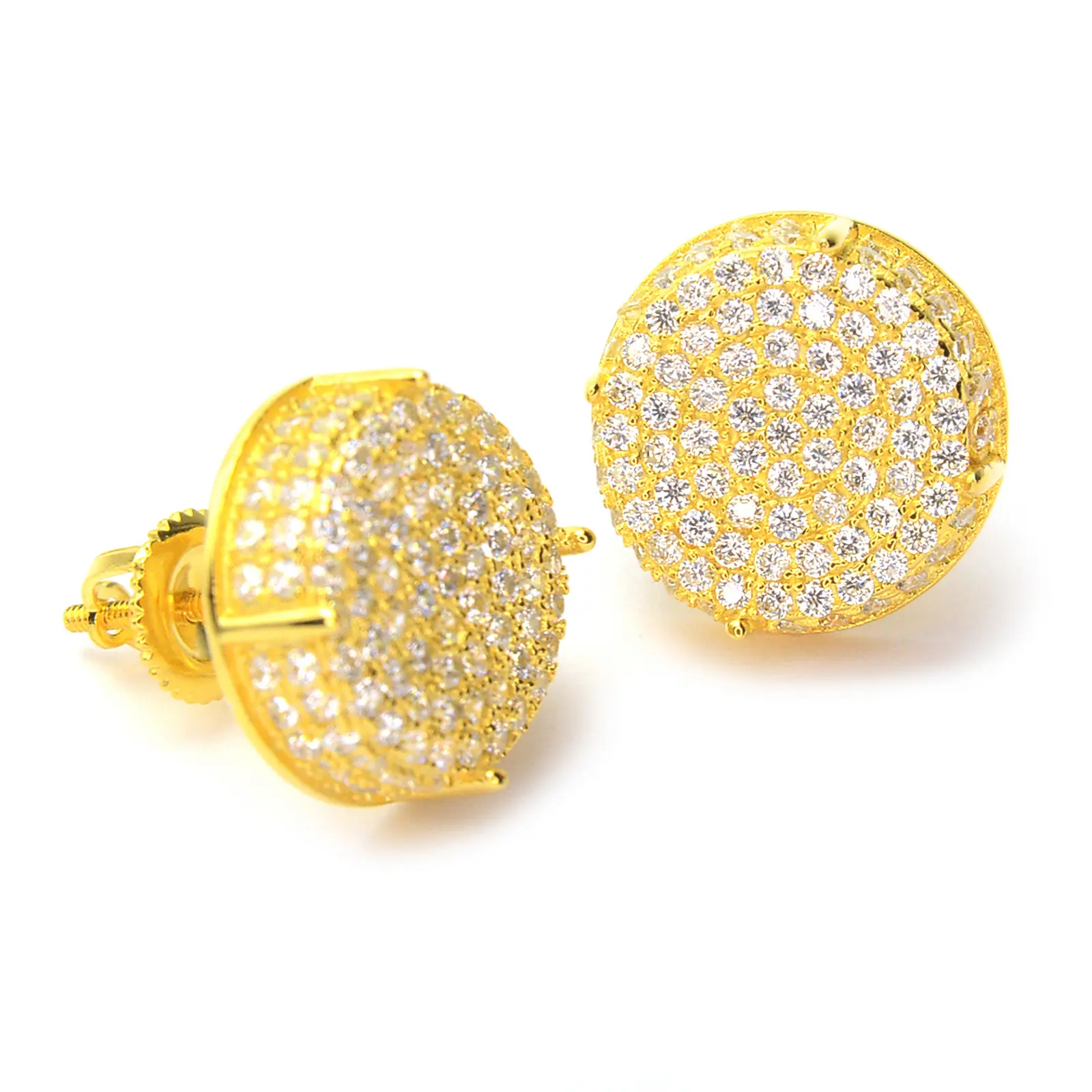 Men's Gold Plated Iced Out XL Round Stud Earrings Screw Back BE11403G