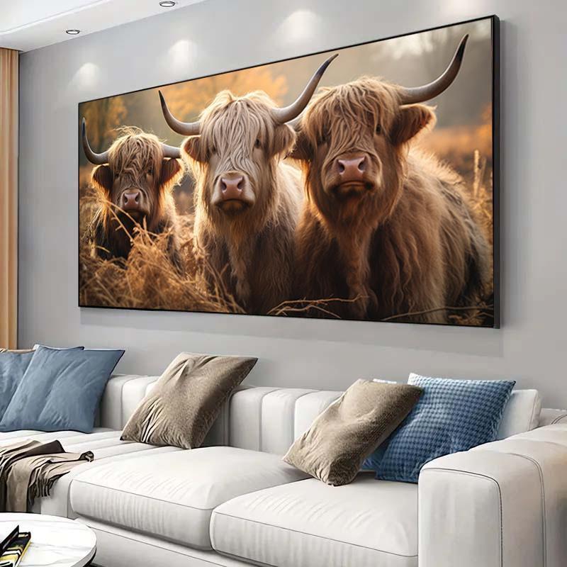 Highland Cute Cow Pattern Unframed Canvas Painting 50x100 cm Modern Home Decor Art for Living Room Bedroom Study Room Ornaments Wildlife Theme Durable Material
