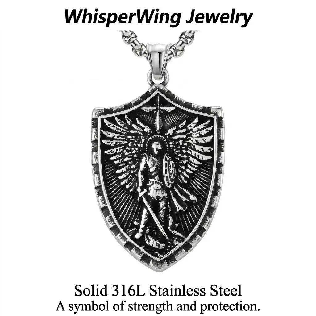 Saint Michael Warrior Angel Shield Pendant Necklace, Unisex Stainless Steel Casual Chain Necklace, Guardian Jewelry for Strength & Protection, Faith Pendant Necklace, 316L Stainless Steel