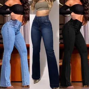 2025 European and American Cross-border Elastic Waist High Waist Stretch Tight Flared Butt-lifting Denim Pants Jeans Girl Womenswear
