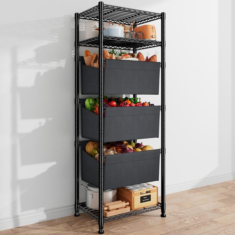 【Closet Storage Organizer】Raybee 6 Tier Corner Shelf with Basket,72'' Tall Storage Shelves Organizer Units, Adjustable Metal industrial Bookshelf for Wall Corner,Living room,Kitchen,Home Office