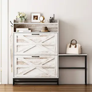 Nicole Selection Modern Farmhouse Shoe Cabinet – White & Black Steel Frame, Heavy-Duty 100kg Top, Perfect for Hallways & Small Spaces  Storage with Drawers