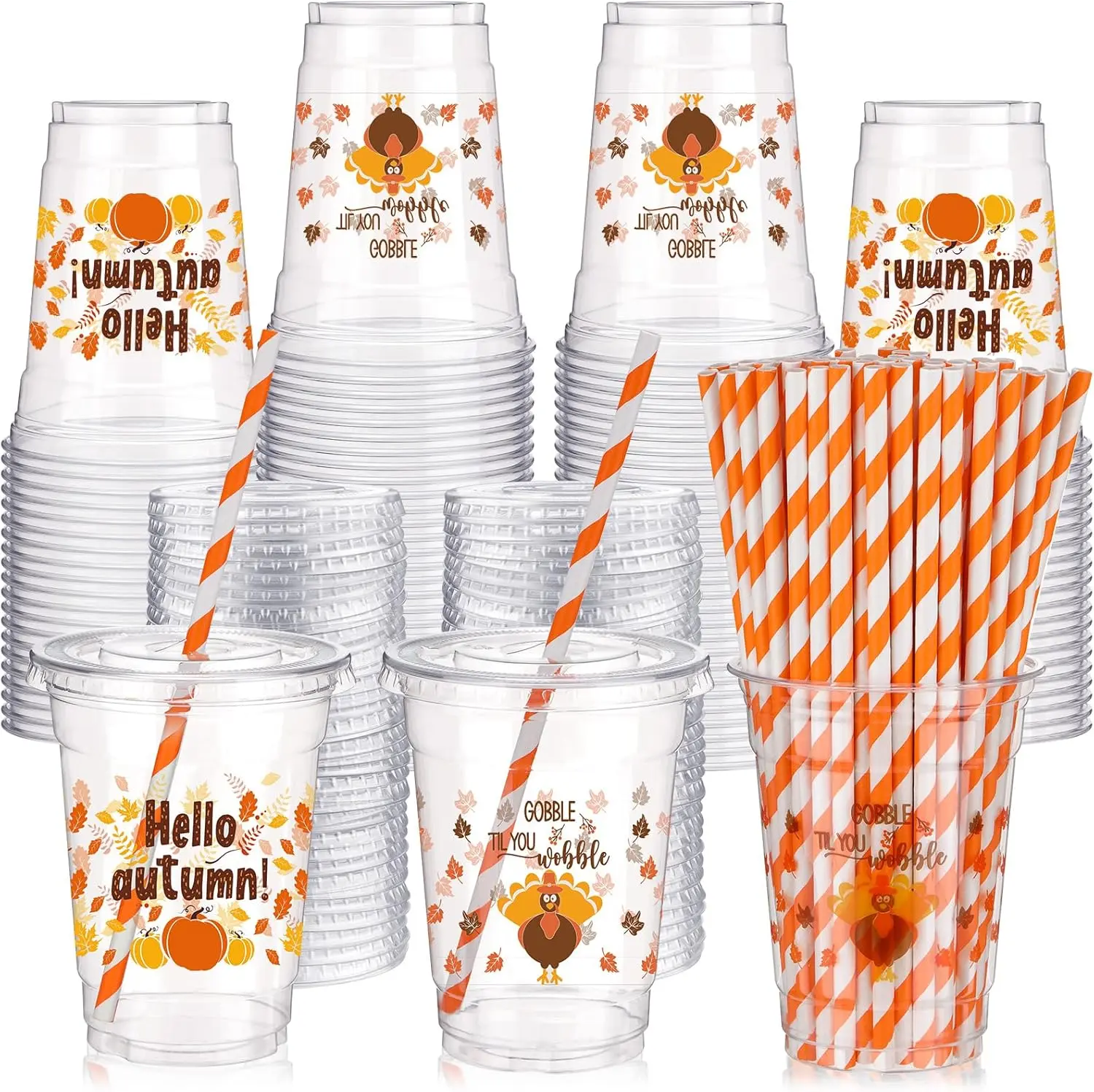 Halloween Fall Gift 300 Pcs 12 oz Thanksgiving Day Plastic Cups with Lids and Straw Fall Plastic Party Cups Thanksgiving Disposable Clear Tumbler Hello Party Turkey Pumpkin Drinking Tumbler Set for Autumn Supply
