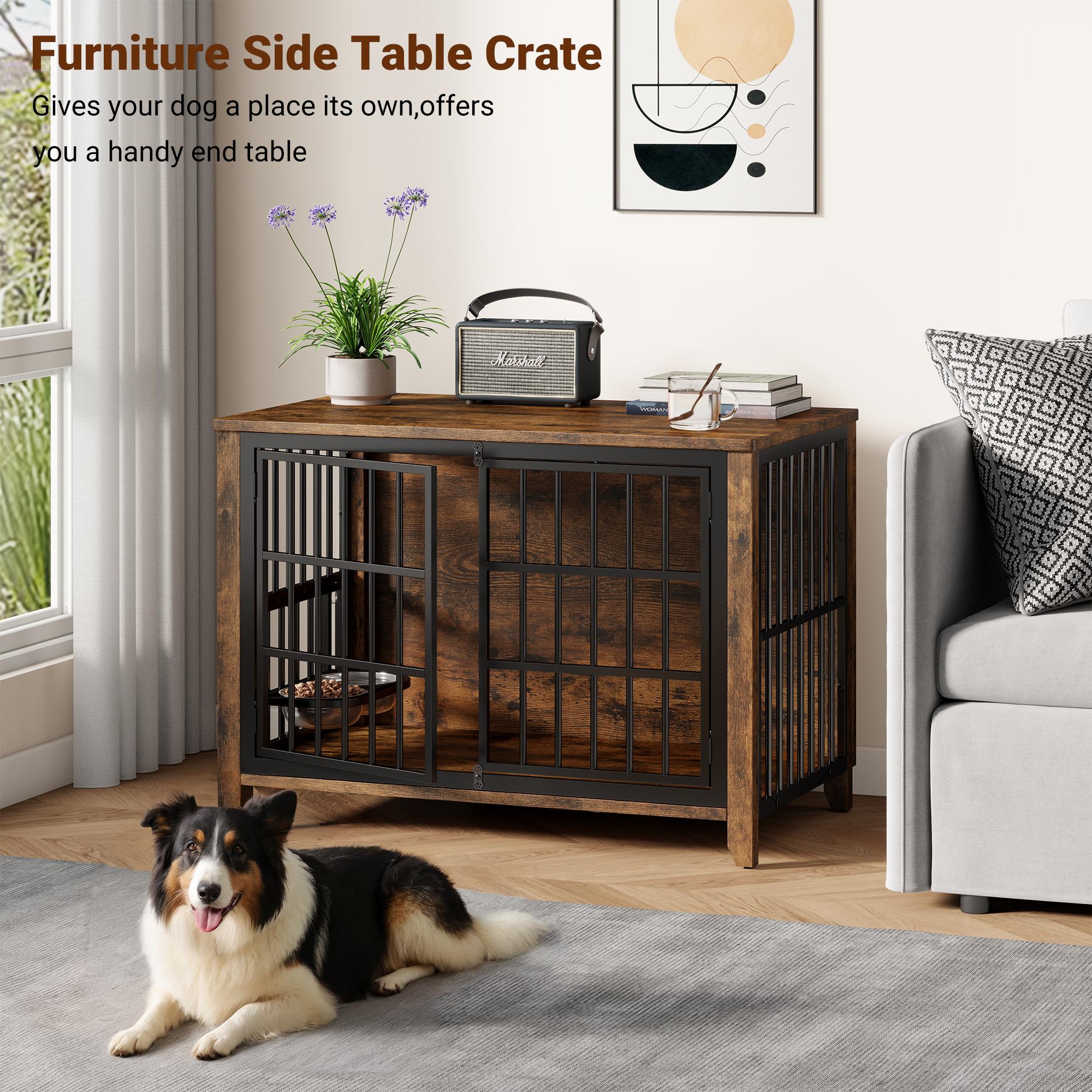 Aowos Wooden Dog Crate Furniture, Stylish Dogs Kennel for Small to Extra Large, Double Door & A Cushion & 360° Wheel, Single Door & 2 Bowels, 27''/32''/38''/44'', Metal, Chew-Proof Design, Dog Cage
