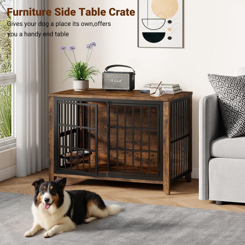 Aowos Wooden Dog Crate Furniture, Stylish Dogs Kennel for Small to Extra Large, Double Door & A Cushion & 360° Wheel, Single Door & 2 Bowels, 27''/32''/38''/44'', Metal, Chew-Proof Design, Dog Cage