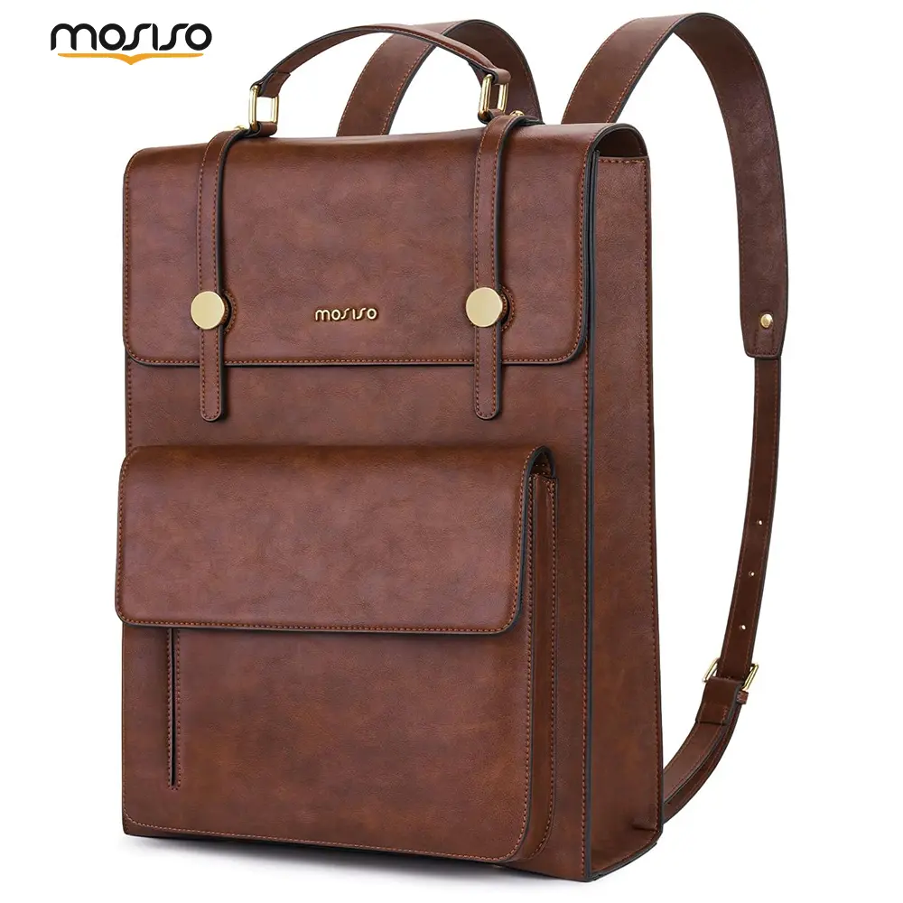 MOSISO Vintage PU Leather Laptop Backpack for Adults, Waterproof Business Casual Purse with Adjustable Shoulder Strap for 16-Inch Laptops, 16.54 x 12.2 x 4.52 inches, Chic, Flap, Hand Wash Only, Multi-Compartment, Padded Laptop Compartment