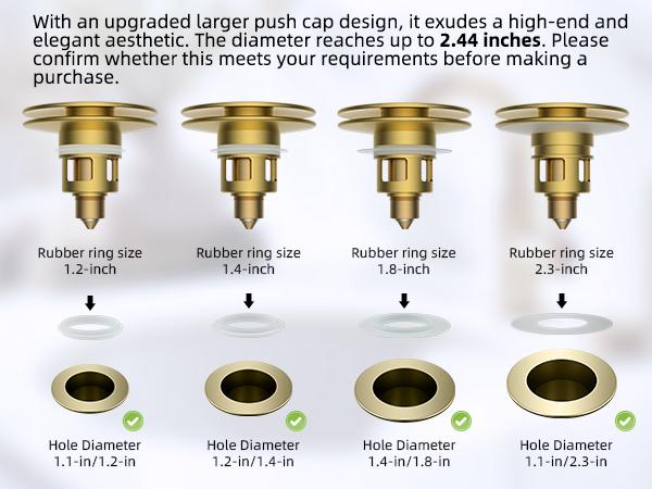 Hibbent Universal Bathroom Sink Stopper 2 in 1 Pop Up Metal Sink Drain Strainer with Hair Catcher, Fit for 1.1~2.36" Sink Basin Hole, Not for Bathtub, Big Cover Cap, Anti-clog, Brushed Gold