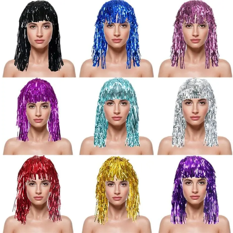 New Multicolor Rain Silk Cheerleading Costume Wig with Shiny Gold Tassel Headpiece, Metal Wire Headcover, Synthetic Hair Party Decoration