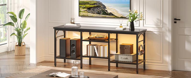 Pinmoco TV Stand for TVs up to 55 Inch, LED Light Entertainment Center with Open Storage Shelves, TV Media Console Table for Living Room, Bedroom