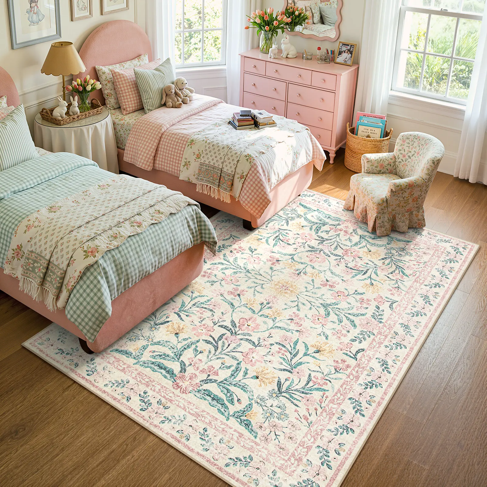 Lahome Boho Floral Area Rug - Washable, Non-Slip, Soft Thin Carpet for Living Room, Bedroom, Nursery, Suited for Bedroom, House, Girl Room, Aesthetic, Whimsical Decor, Bedroom Decor, House Decor