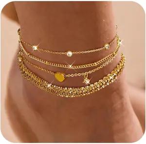 Gold Ankle Bracelets for Women - Anklets Waterproof Stainless Steel Layered Heart Cuban Link Chain Herringbone Anklets for Women Summer Beach Jewelry Gift Adjustable Size 5pc