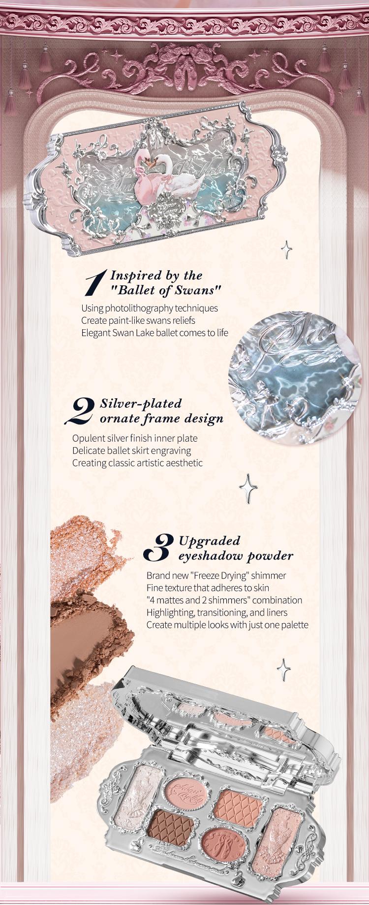 Flower Knows Swan Ballet Collection Six-Color Makeup Palette, 6-Color Palette with Matte & Shimmer Shades for Any Occasions, Long-Lasting, High Pigment, Blendable Glitter & Powder, Summer Gift, Makeup Beauty Cosmetics