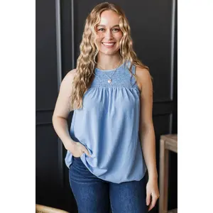 In A Daydream Smocked Tank Top- Light Blue