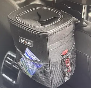 HOTOR Car Trash Can with Lid & Storage Pockets 100% Leak-Proof Organizer Waterproof Garbage Bin Multipurpose Bin for Car 2 Gallons Black