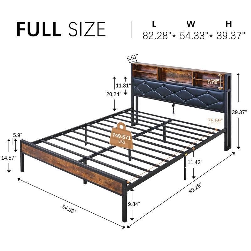 VECELO Queen Bed Frame Metal Platform Bed Queen Size with 2 Tiers Storage and LED Light Headboard, Type C Charging Station, No Box Spring Required