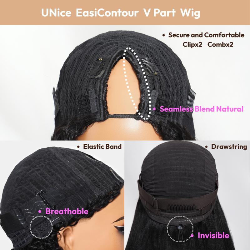 UNice Upgrade Blend Natural V Part Glueless Yaki/Kinky Straight Wig wih Drawstring Beginner Friendly Natural Black for Women
