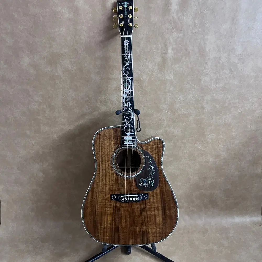 D45 6-String Classic Dreadnought Right-Handed All Koa Acoustic Guitar, Ebony Fingerboard, Dark Brown, Luxurious Small Vase Design, Ideal for Country, Jazz