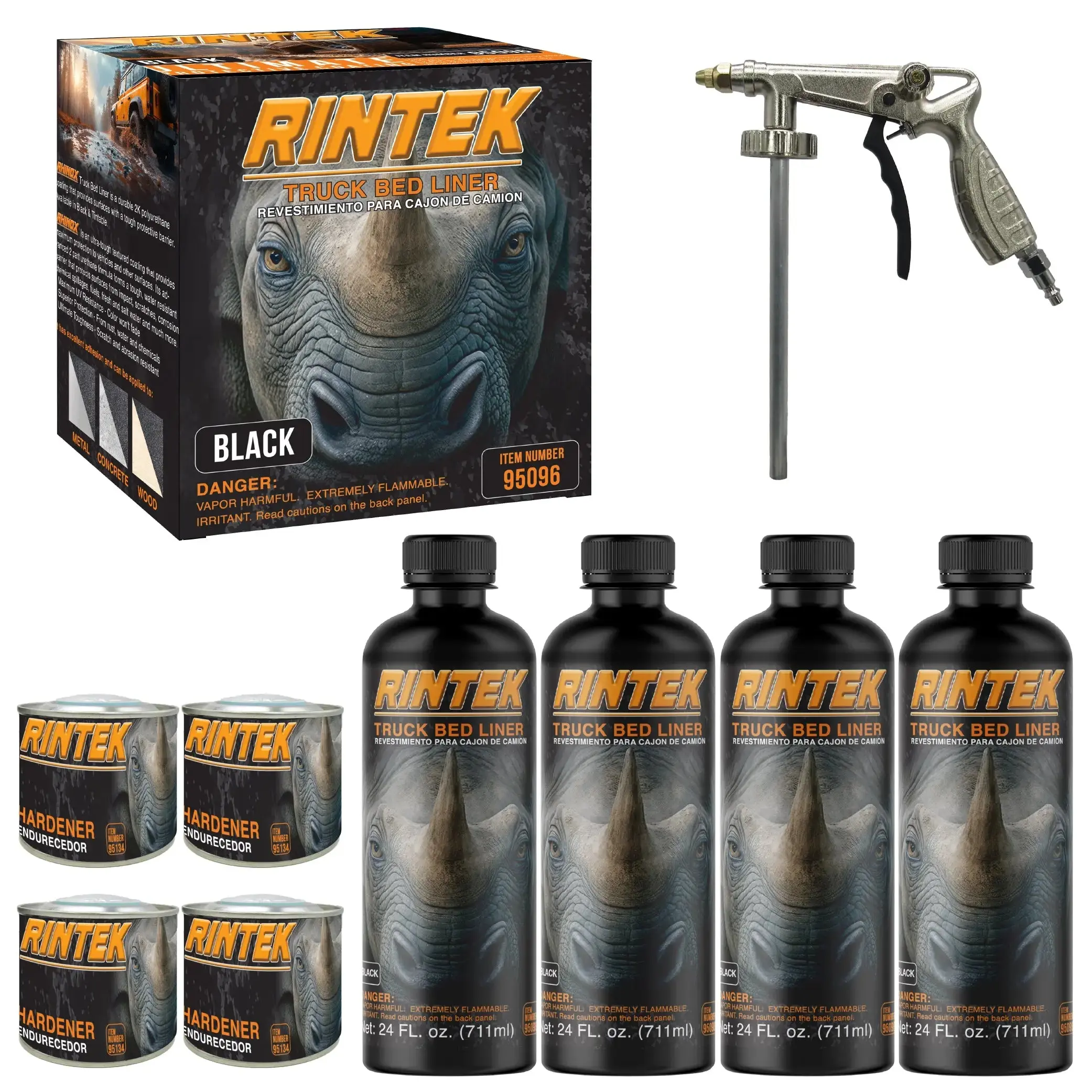 Rintek Black 1 Gallon Urethane Spray-On Truck Bed Liner Kit - 4 Bed Liners, 4 Hardeners and 1 Applicator Spray Gun - Easy 3 to 1 Mix Ratio, Just Mix, Shake and Shoot It - (95096)