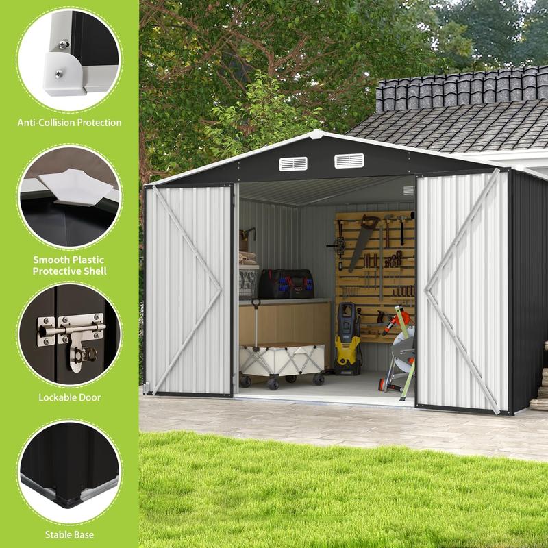 Aoxun Outdoor Storage Shed with Included Base, Lockable Door, Sloped Roof, Galvanized Metal Construction, Multi-Size 6x4/10x8/10x12, Heavy Duty Utility Organizer for Garden, Backyard, Patio