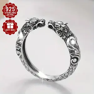 1pcsS925 Sterling Silver Lowallergy Zodiac Domineering Double Dragon Head Shape Open Ring Retro Ethnic Style Suitable For Banquet Gifts For Men And Women Universal Couple Ring about 4g