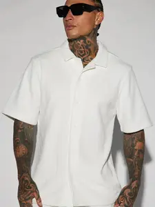 Dean Textured Short Sleeve Button Up Shirt - White