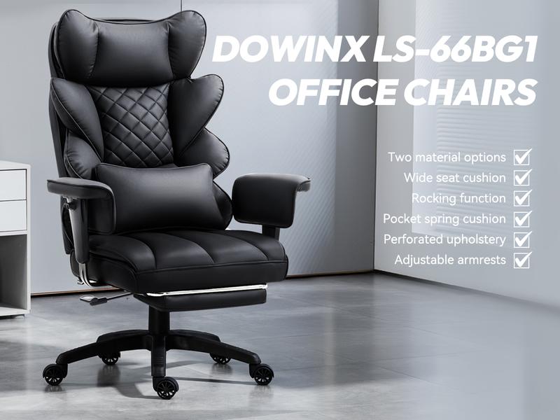 Dowinx Big and Tall Ergonomic Office Chair Executive Desk Chair with Pocket Spring Lumbar Support High-Back Adjustable Gaming Chair Removable Footrest & 3D Armrests Dual-Layered Backrest PU Leather Option