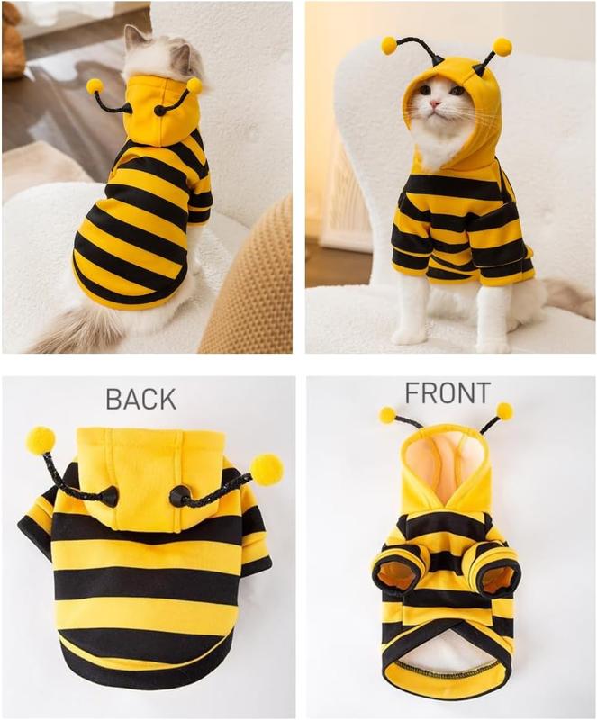 【Pet Supplies】Selena Cat Bee Antennae Hoodie Costume Dogs Cats Apparel Cute Stripe Outfit Medium Size Soft Fabric Keep Pets Warm Fun Dress Up Party Gift