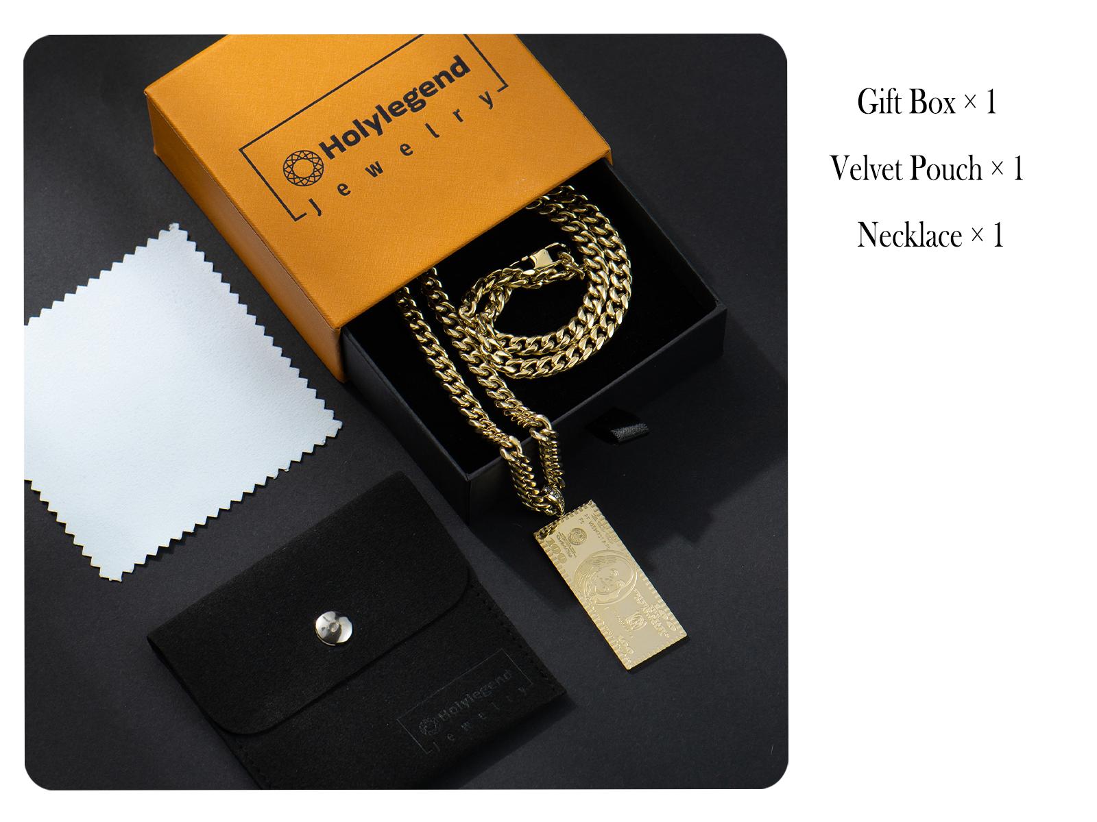 Holylegend 14K Real Gold-Plated Dollar Pendant Necklace, Double-Sided Mini Money Design with Iced Connector, 24" Cuban Chain, Hip Hop Jewelry Gift for Streetwear Lovers