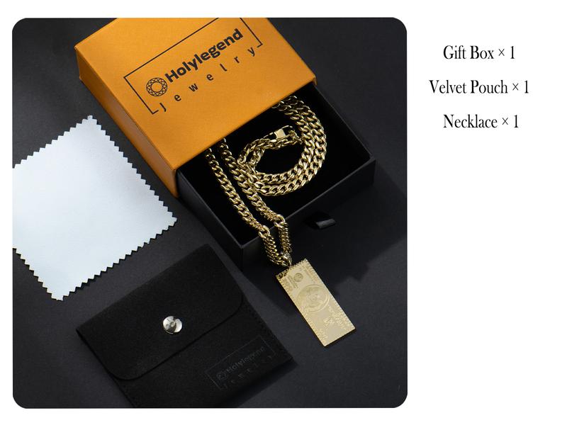 Holylegend 14K Real Gold-Plated Dollar Pendant Necklace, Double-Sided Mini Money Design with Iced Connector, 24" Cuban Chain, Hip Hop Jewelry Gift for Streetwear Lovers