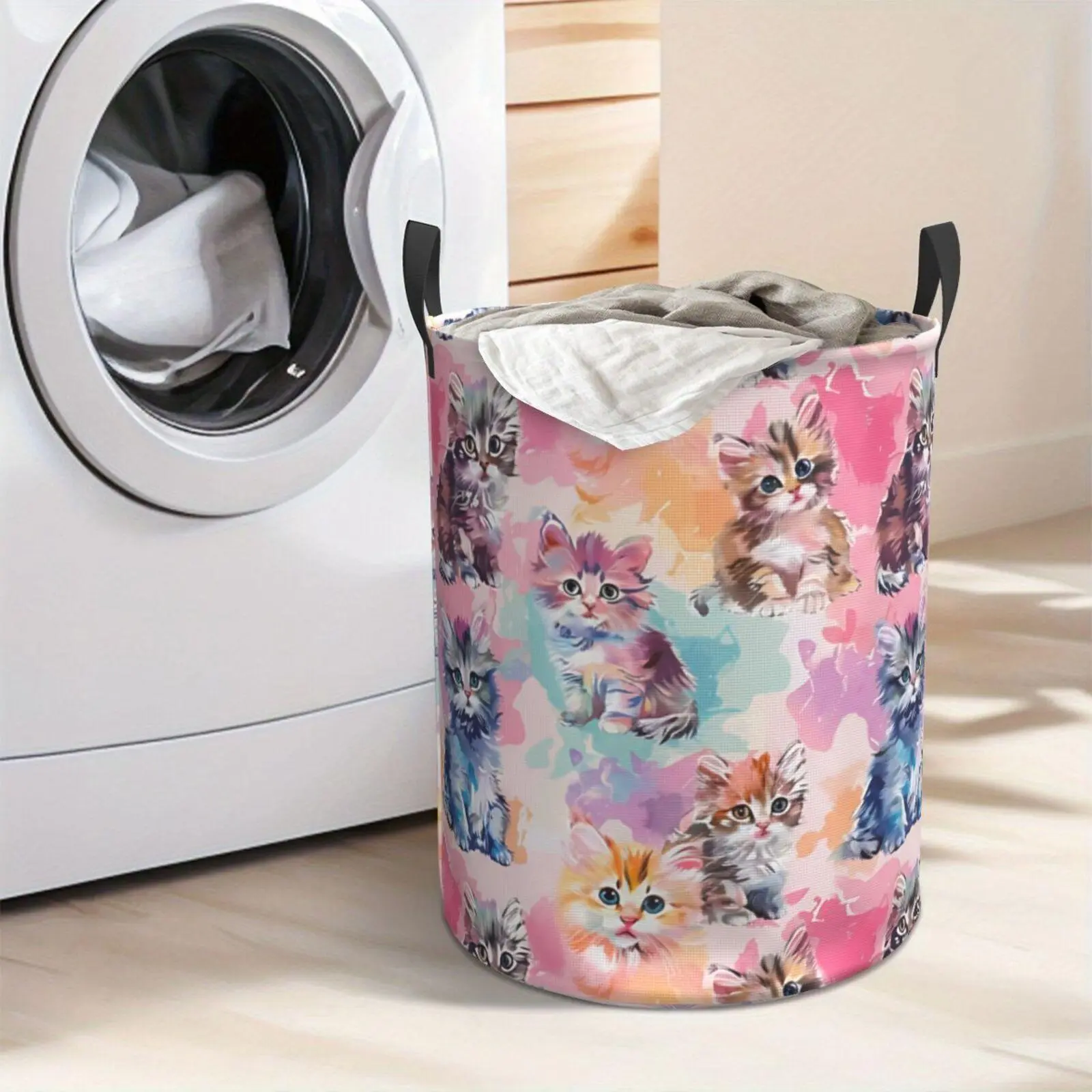 Cute Kitten Pattern Laundry Hamper  Portable Storage Hamper with Sturdy Handle， Oxford Cloth， Easy to Store and Collapsible Design， Laundry Baskets