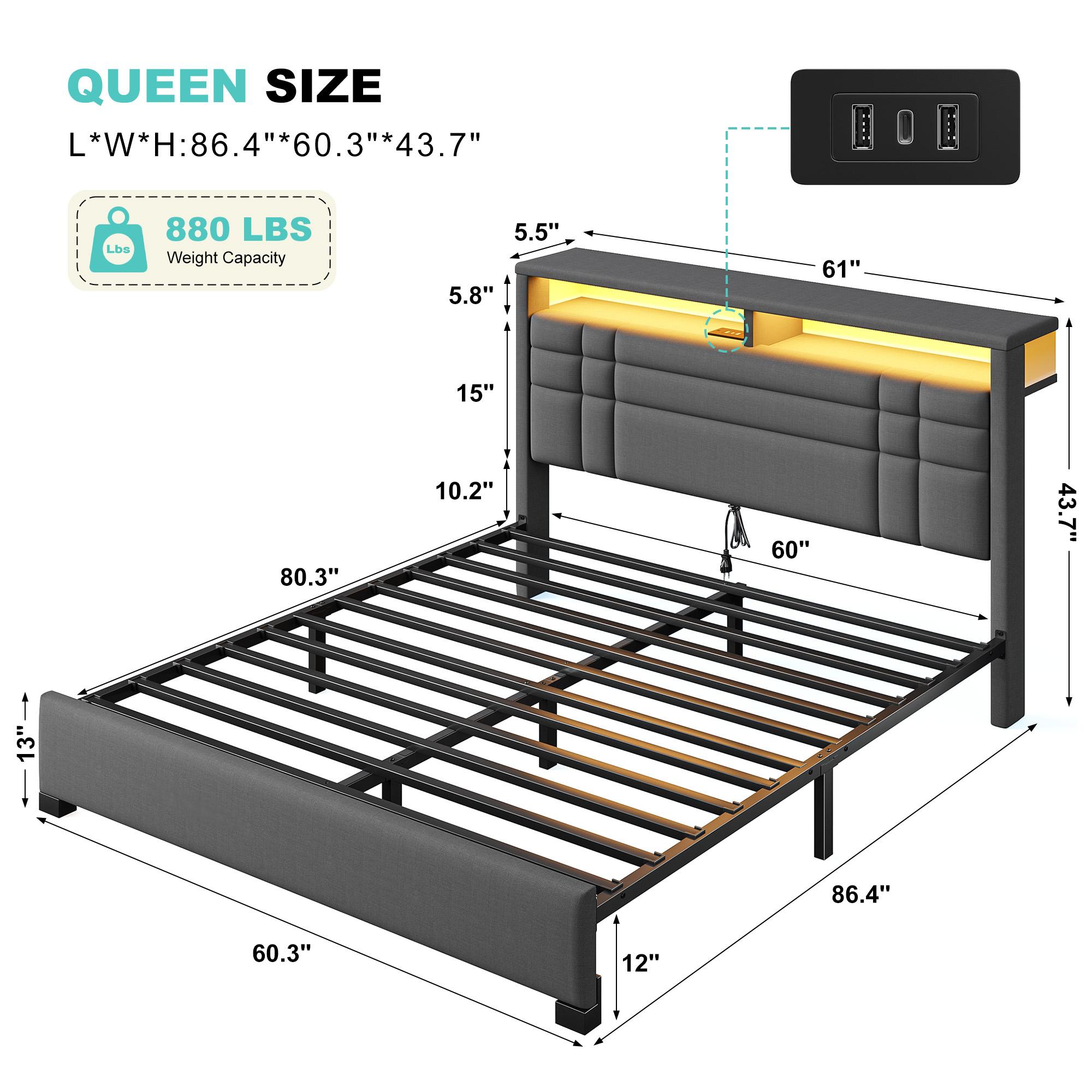 【Teen Size Bed】Raybee Luxury Bed Frames with Headboard & 2 Storage Shelves, Upholstered Bed Frame with LED & USB Ports for Full Queen King, Modern Bedroom Furniture, No Mattress, No Noise, Metal Slats Holds up to 880lbs[BlackFridayCyberMonday]
