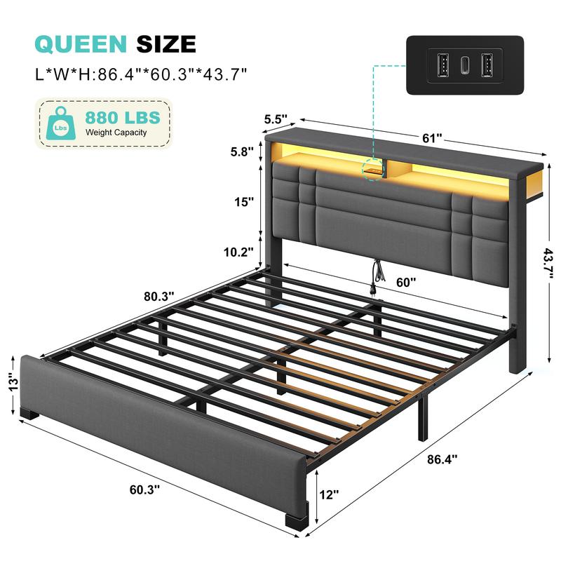 【Teen Size Bed】Raybee Luxury Bed Frames with Headboard & 2 Storage Shelves, Upholstered Bed Frame with LED & USB Ports for Full Queen King, Modern Bedroom Furniture, No Mattress, No Noise, Metal Slats Holds up to 880lbs[BlackFridayCyberMonday]