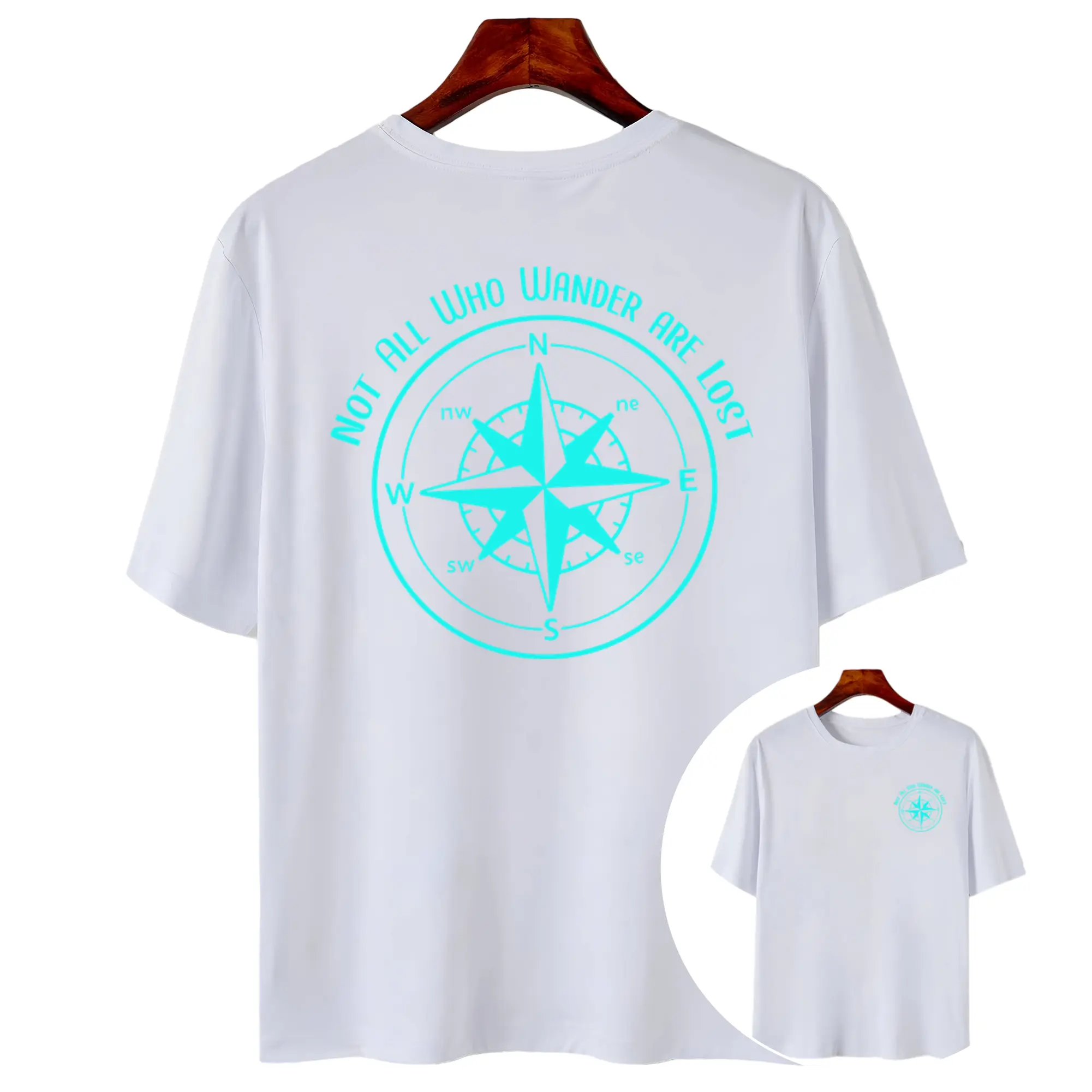 Women's Christmas Casual Short Sleeve Top, Camping Shirt, Not All Wanderers Get Lost T-Shirt, Compass Shirt, Scout Shirt, Happy Camping All-Season Comfort Wear, Front and Back Print Short Sleeve Holiday Gift Cotton Fabric