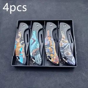 4 PCS, mini pocket knife, portable cuff knife, 3D pattern stainless steel handle, home barbecue and camping fruit peeling knife, EDC and fishing tools, gift for boyfriend and father