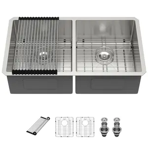 Kichae 33 Inch Undermount Kitchen Sink Double Bowl, 50/50 Stainless Steel, 18 Gauge, Handmade Undermount Kitchen Sink Basin with Drain Strainer