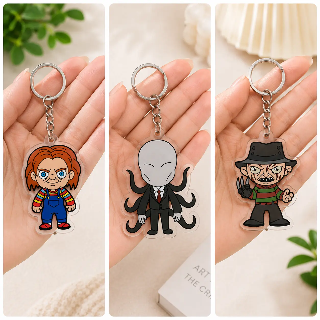 Creepy horror character acrylic keychain set with 3 spooky chibi designs for bags, keys and Halloween gifts