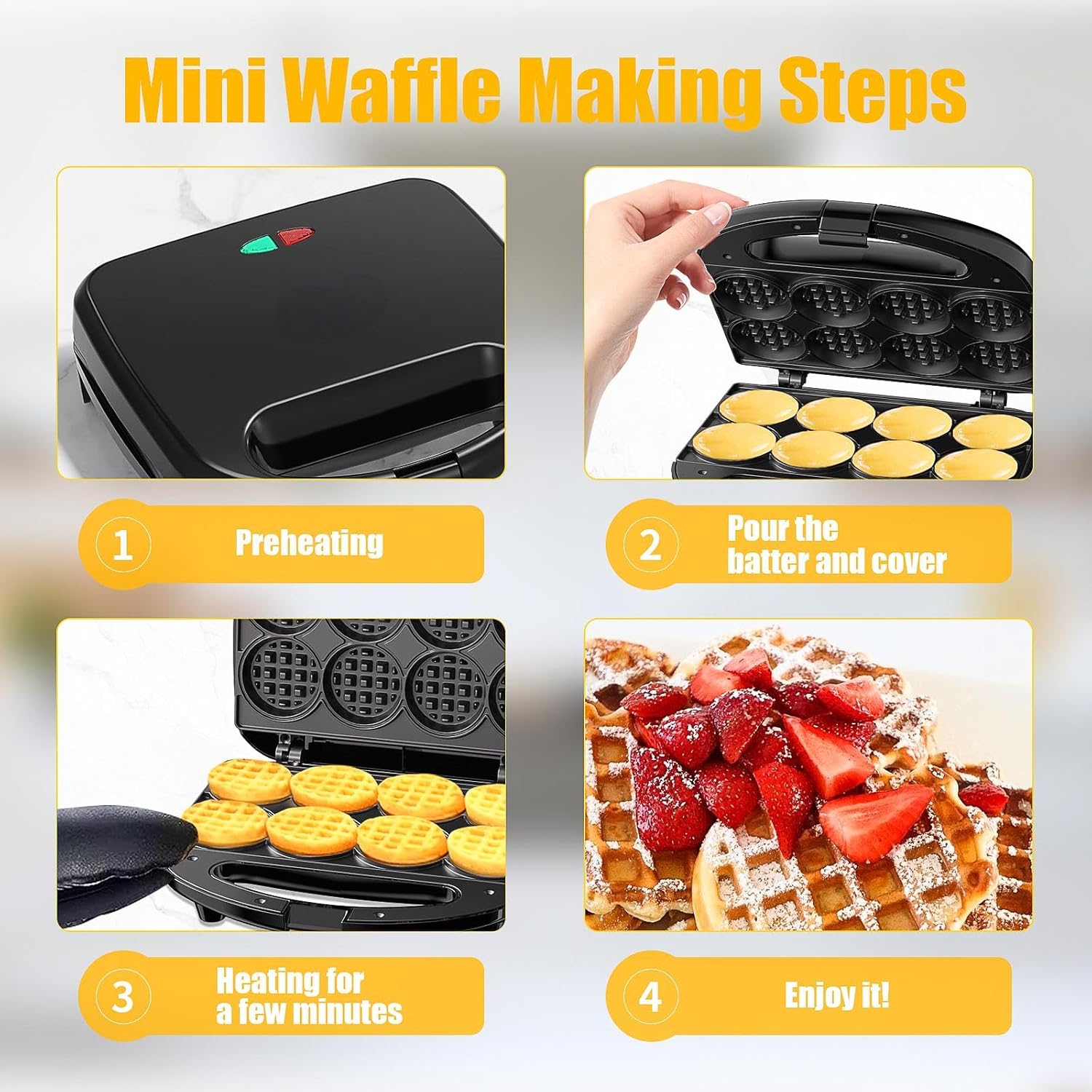 OSTBA Mini Waffle Maker: 750W Powerful Heating, Cooks 8 Waffles at Once, Fast & Even Cooking, Non-Stick & Easy Clean, Compact & Portable for Family Breakfast