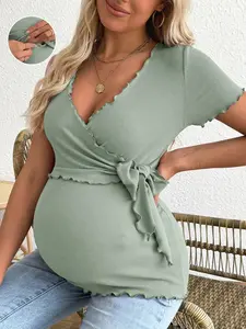 Maternity Solid Color Short Sleeve V-Neck T-Shirt, Simple & Fashionable, Suitable For Summer