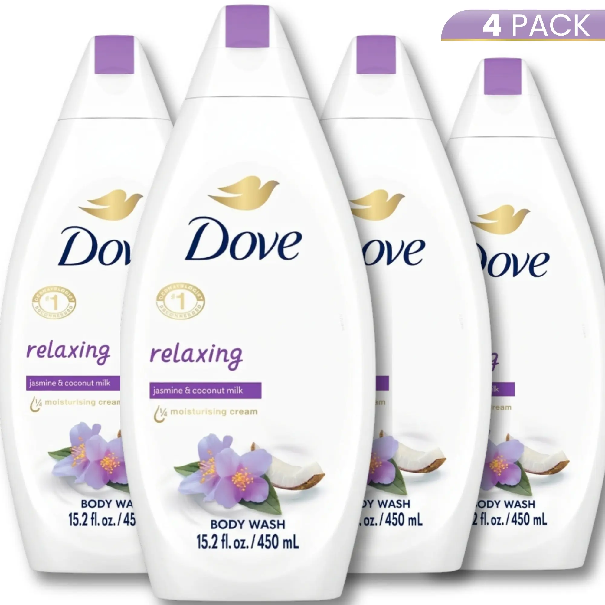 Dove Nourishing Body Wash 4-Pack (450ml Each) - Gentle Soap, Plant-Based Hydrating Cleanser, Natural Body Wash, Coconut Milk & Jasmine Scented Daily Bath Moisturizer with Rich Cream Lather