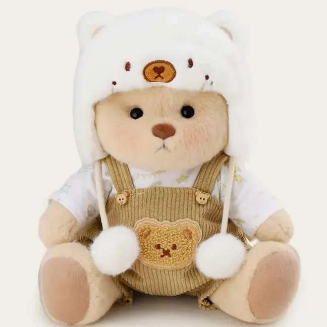 GETAHUG Handmade 12" Standard Teddy Bear - Cuddly Plush Fluffy Stuffed Animal, White Mink Hat & Brown Overalls Outfit, 5 Interactive Joints, Durable Soft Gift for Summer Vibes, Popular Stuffed Toy Pick, Cuddly Stuffed Animal, Plush Stuffed Toys